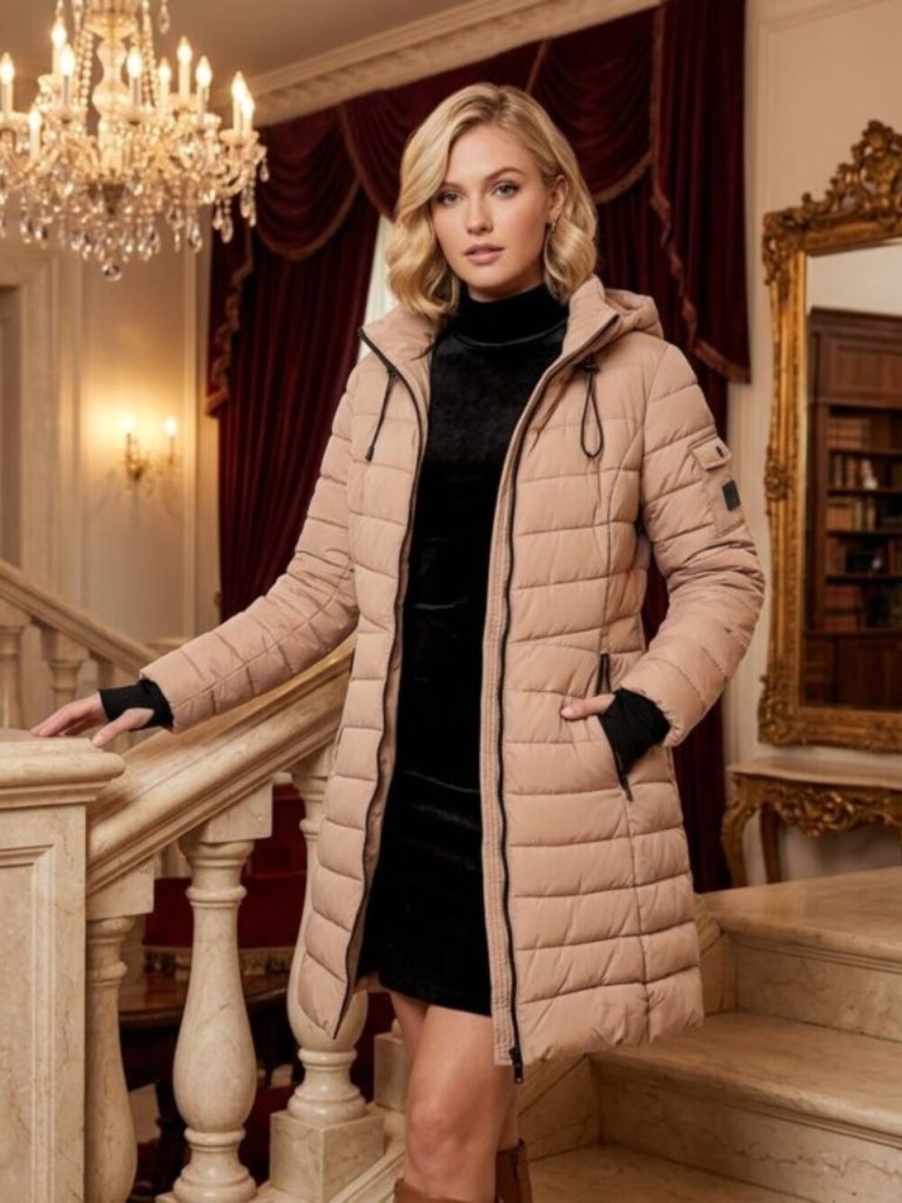 Steve Madden Womens Winter Coat - Quilted Long Hooded Parka Puffer Jacket - L